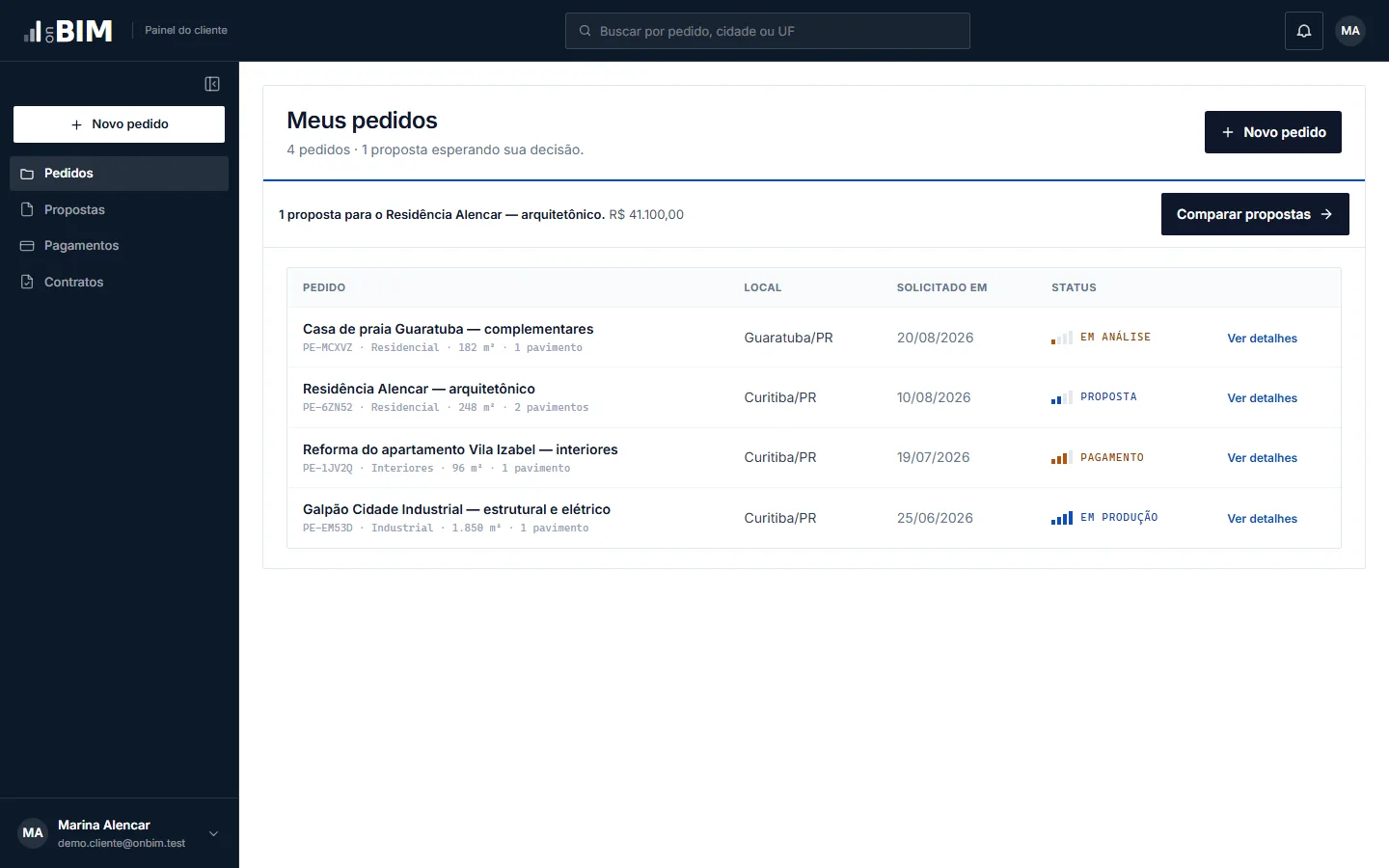 Painel do cliente na onBIM com a lista de pedidos, status de cada projeto e uma proposta aguardando decisão